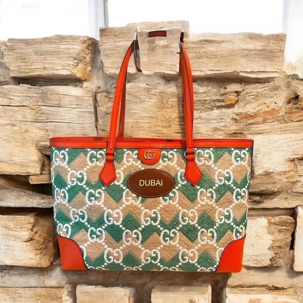 Gucci x Dubai Exclusive GG Raffia Tote Bag – NWT – Orange Leather Trim